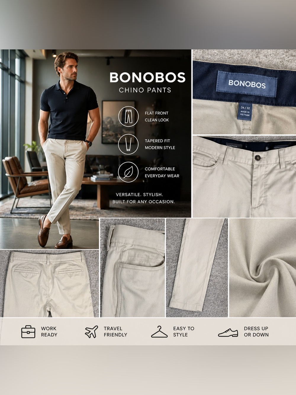 Bonobos Mens Chino Pants Light Beige Khaki Casual Flat Front Tapered